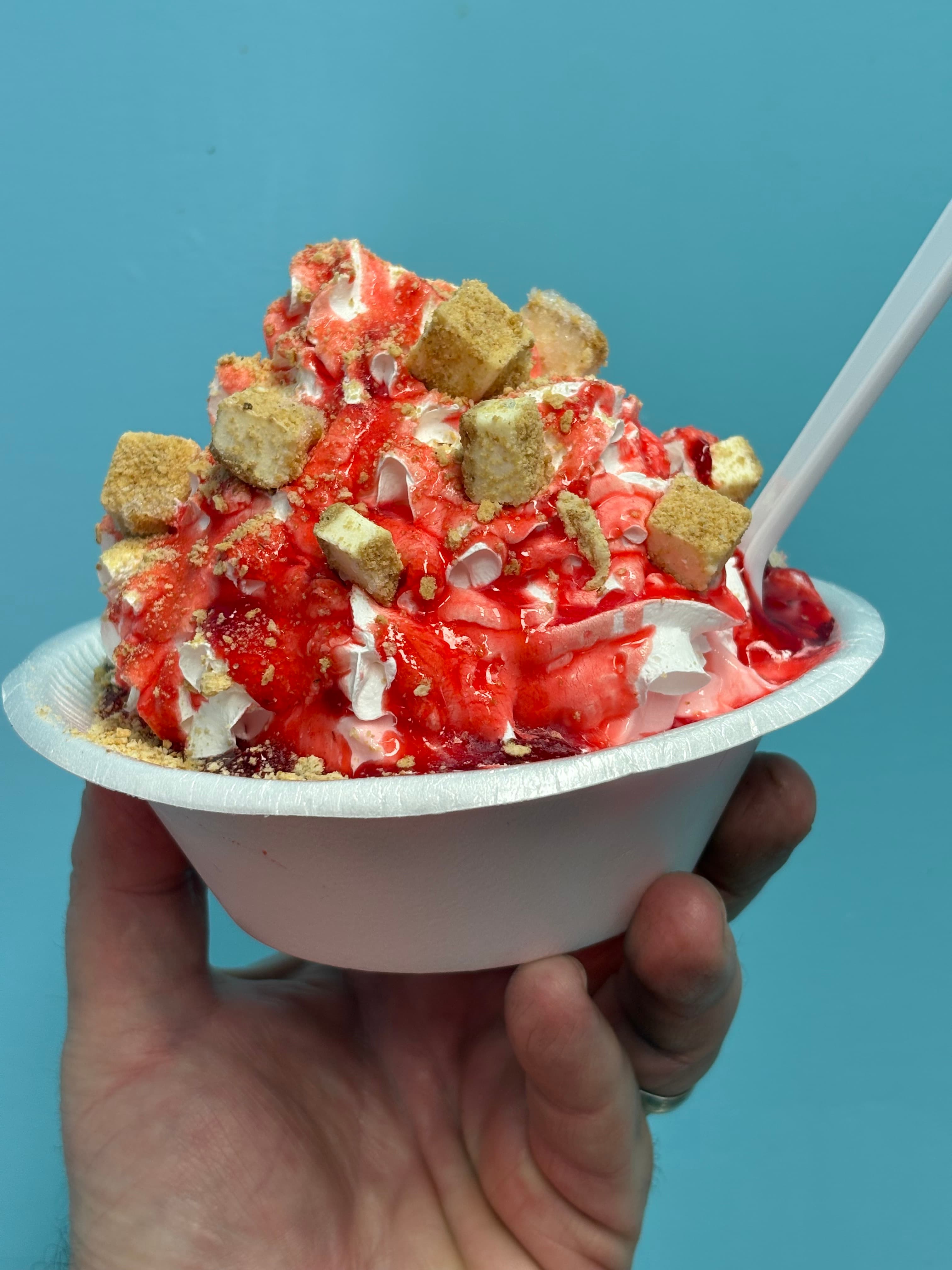 Berry Cheesecake Bliss with strawberries, cheesecake chunks, whipped cream, and graham crumbs